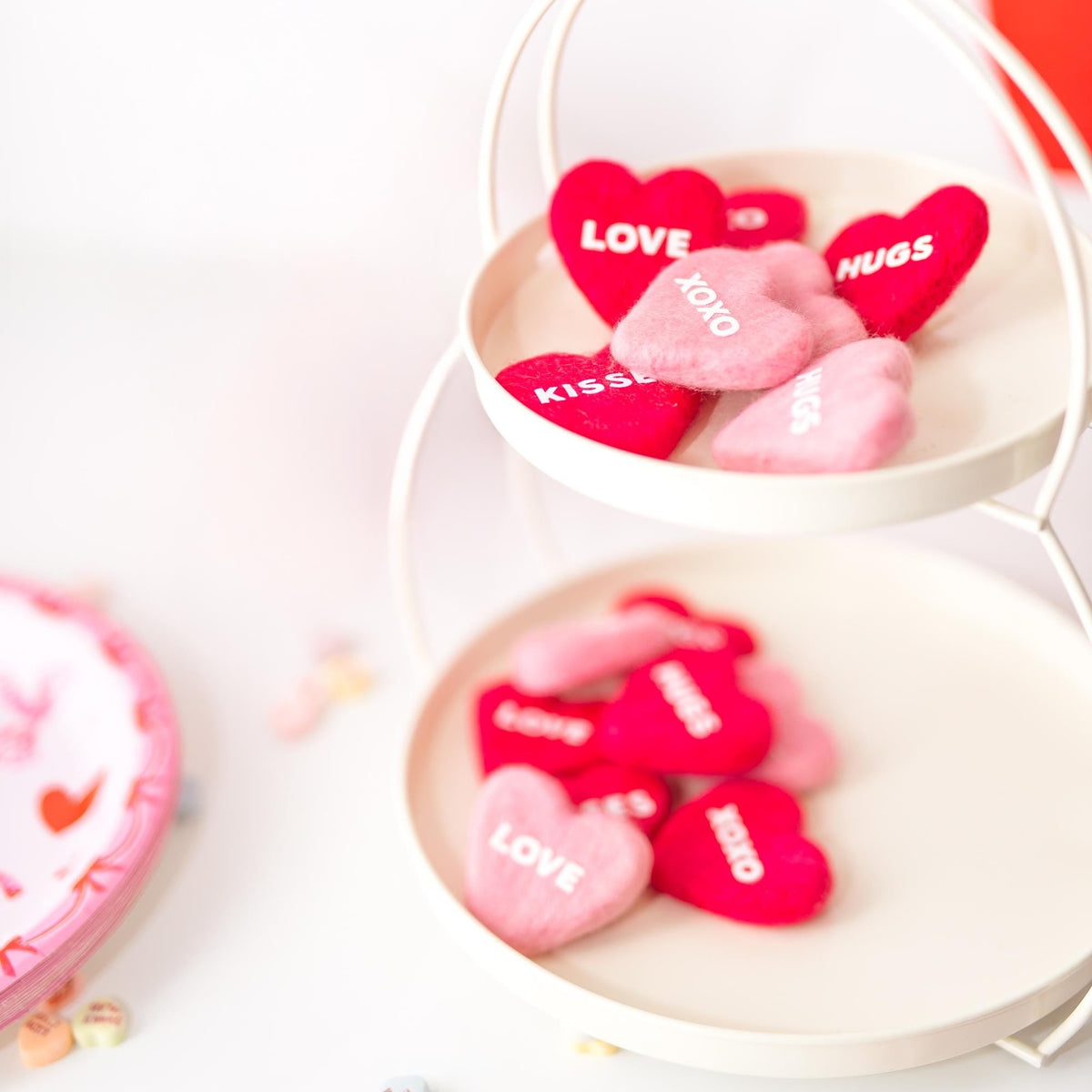 Sweetheart Felt Candy Hearts: Pink and Red Valentine Tiered Tray Decor