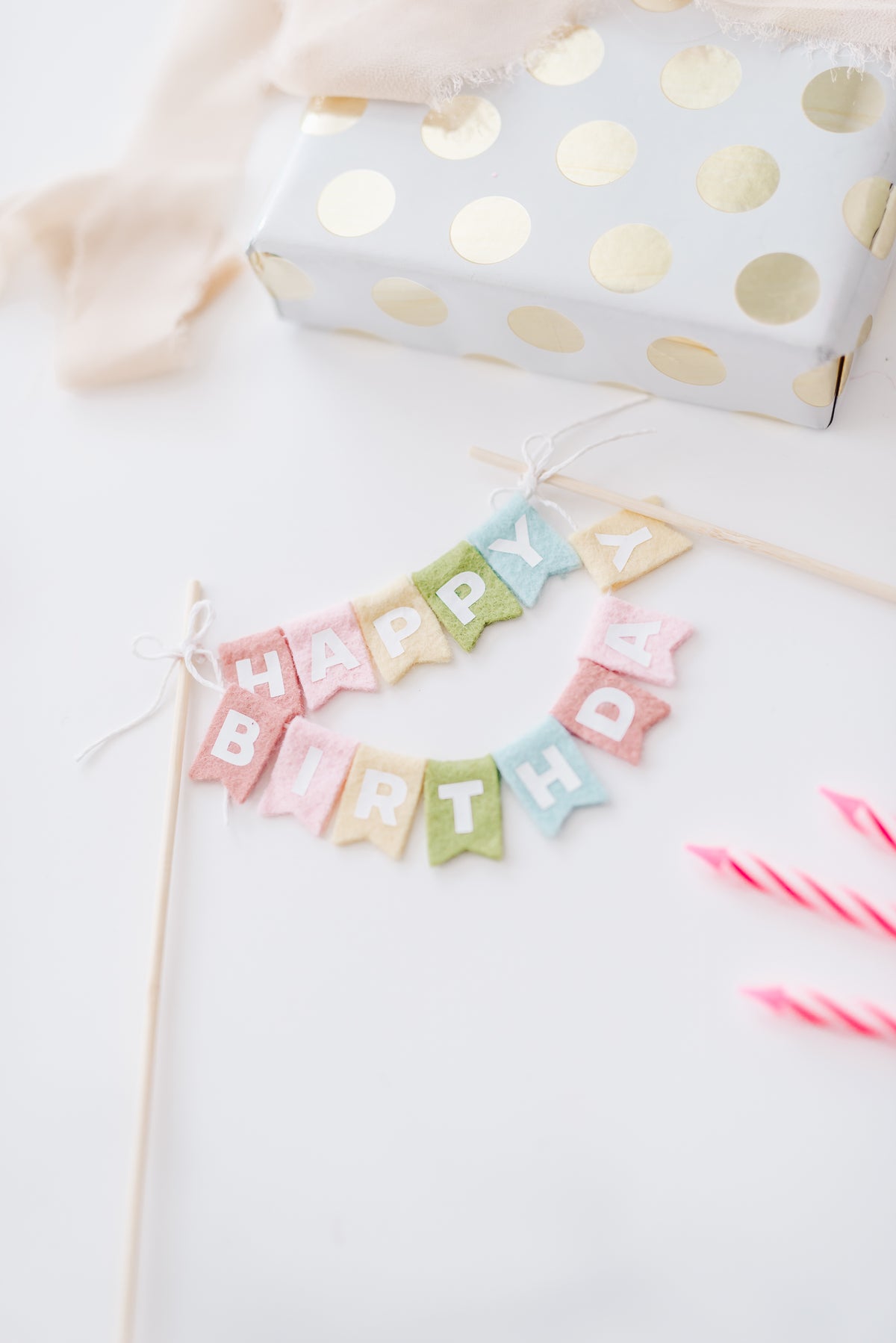 Pastel Rainbow Felt Happy Birthday Cake Topper