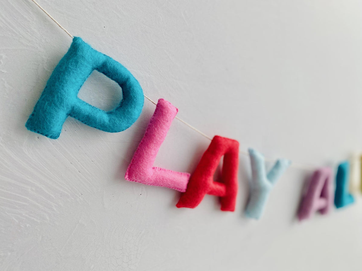 Playroom Sign, Rainbow Felt Garland, Playroom Wall Decor, Play All Day Sign