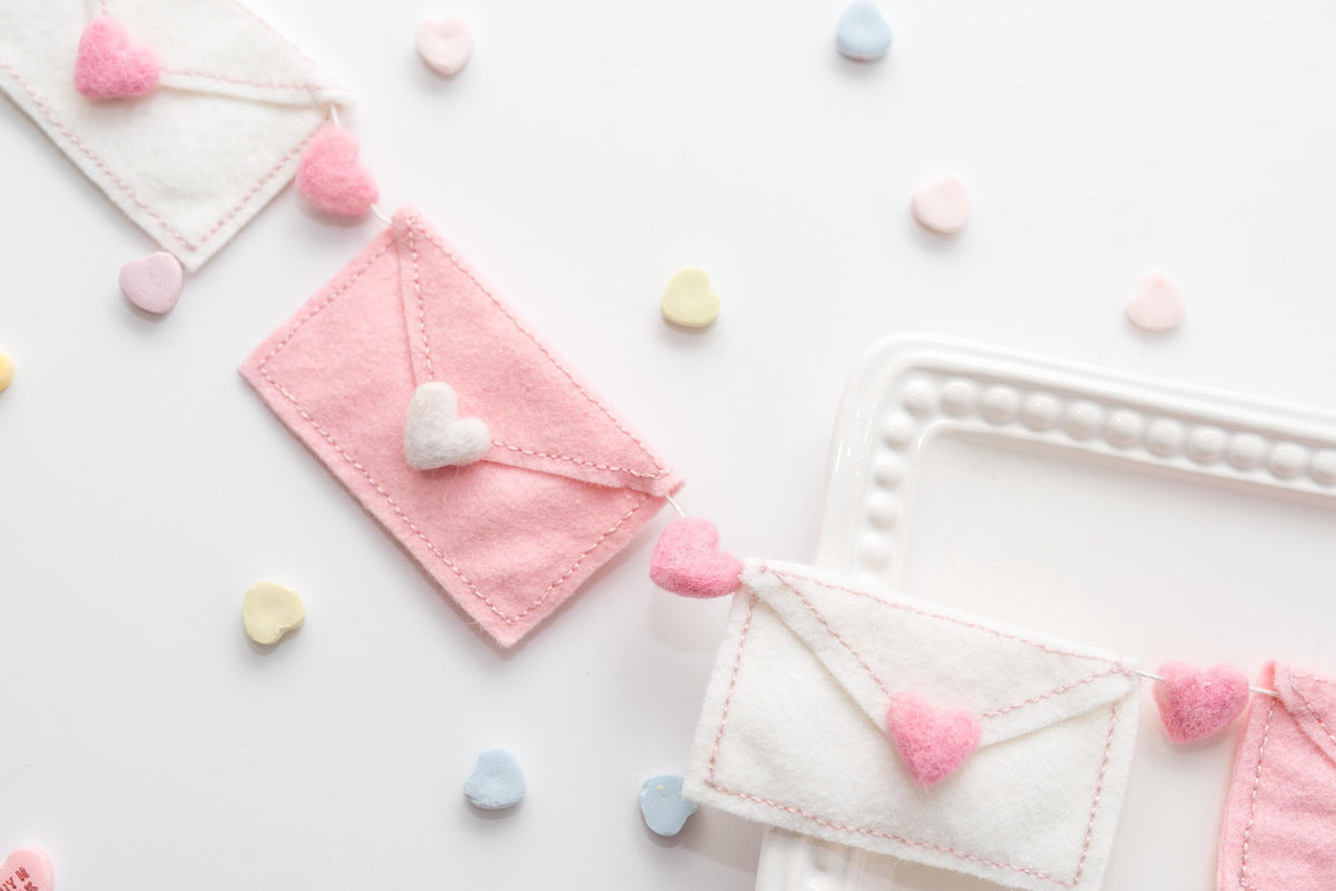Pink and White Felt Valentine Envelope Garland: Love Letter Nursery Bookshelf Decor